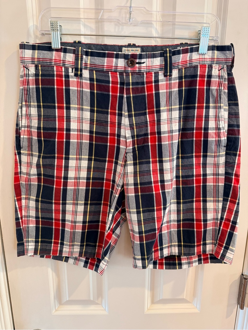 J. Crew Plaid Flat-Front Shorts in Red, Navy & White